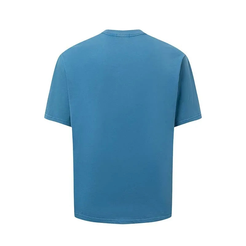 Man wearing a blue American retro style t-shirt with white letter printing, loose fit round neck.