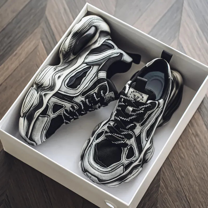 Men's black mesh sneakers with a platform sole and lace-up front on a white background.