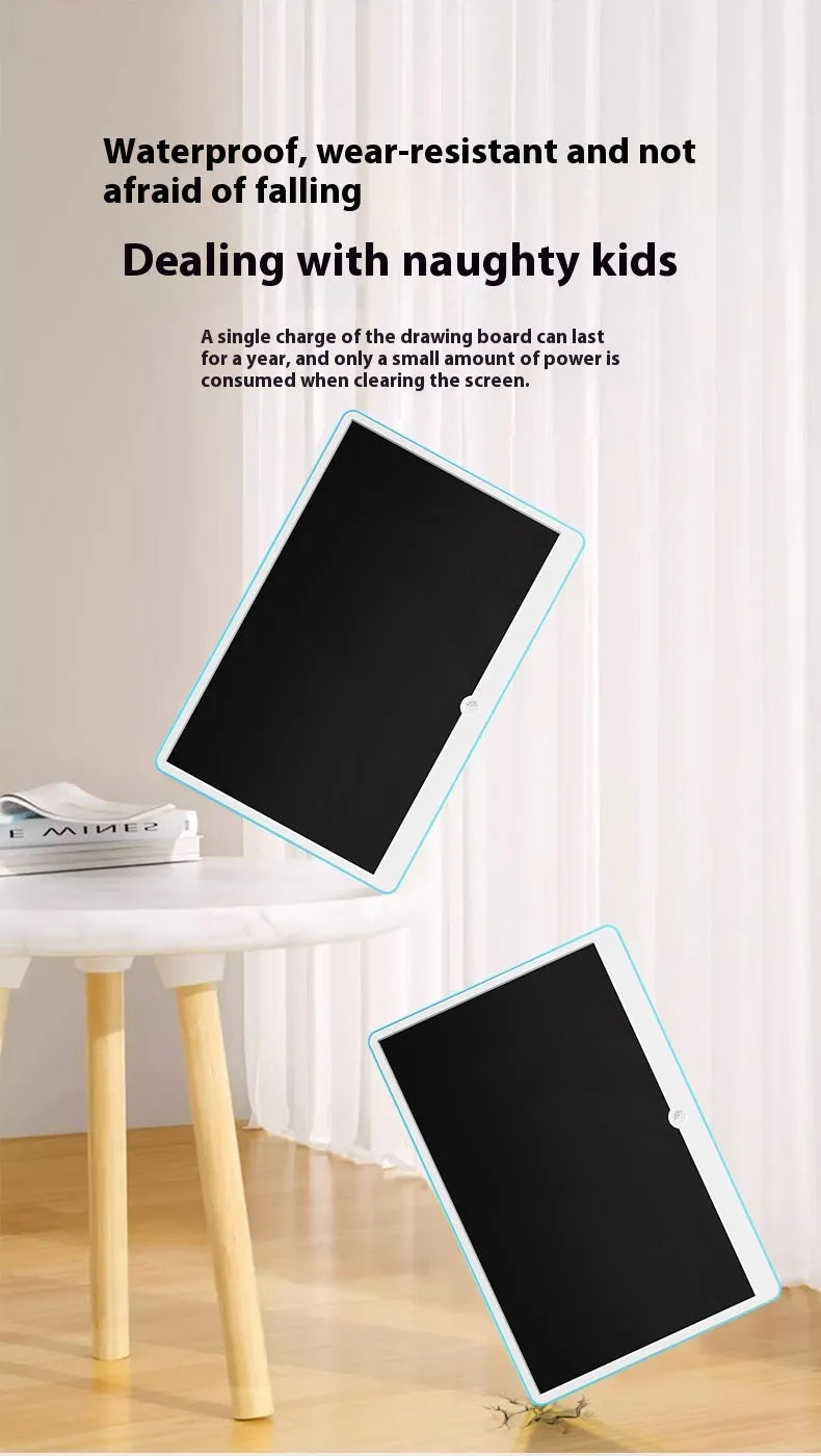 19-inch blue and white LCD children's drawing board with stylus on a pink background.