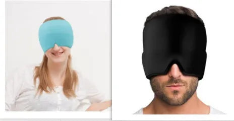 Cold therapy gel eye mask for headache relief in black colour on forehead