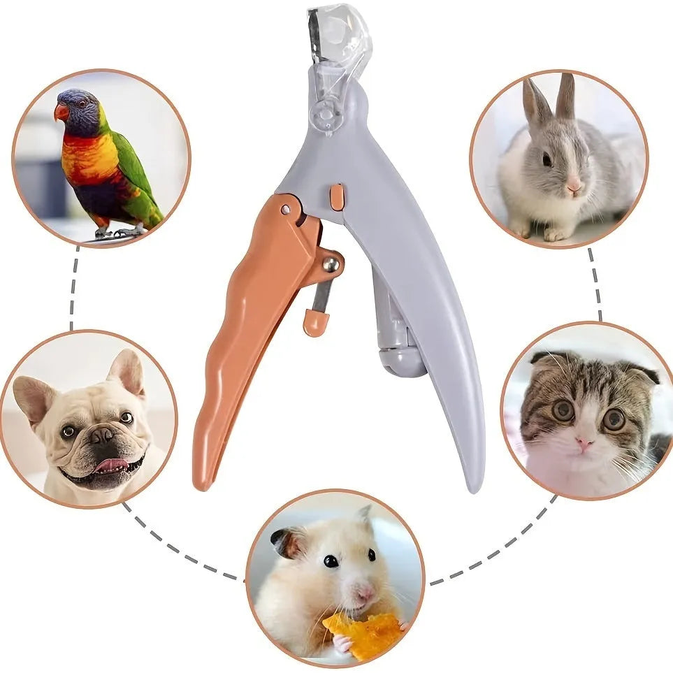 Yellow LED pet nail trimmer with magnifying glass for cats and dogs on a white background.