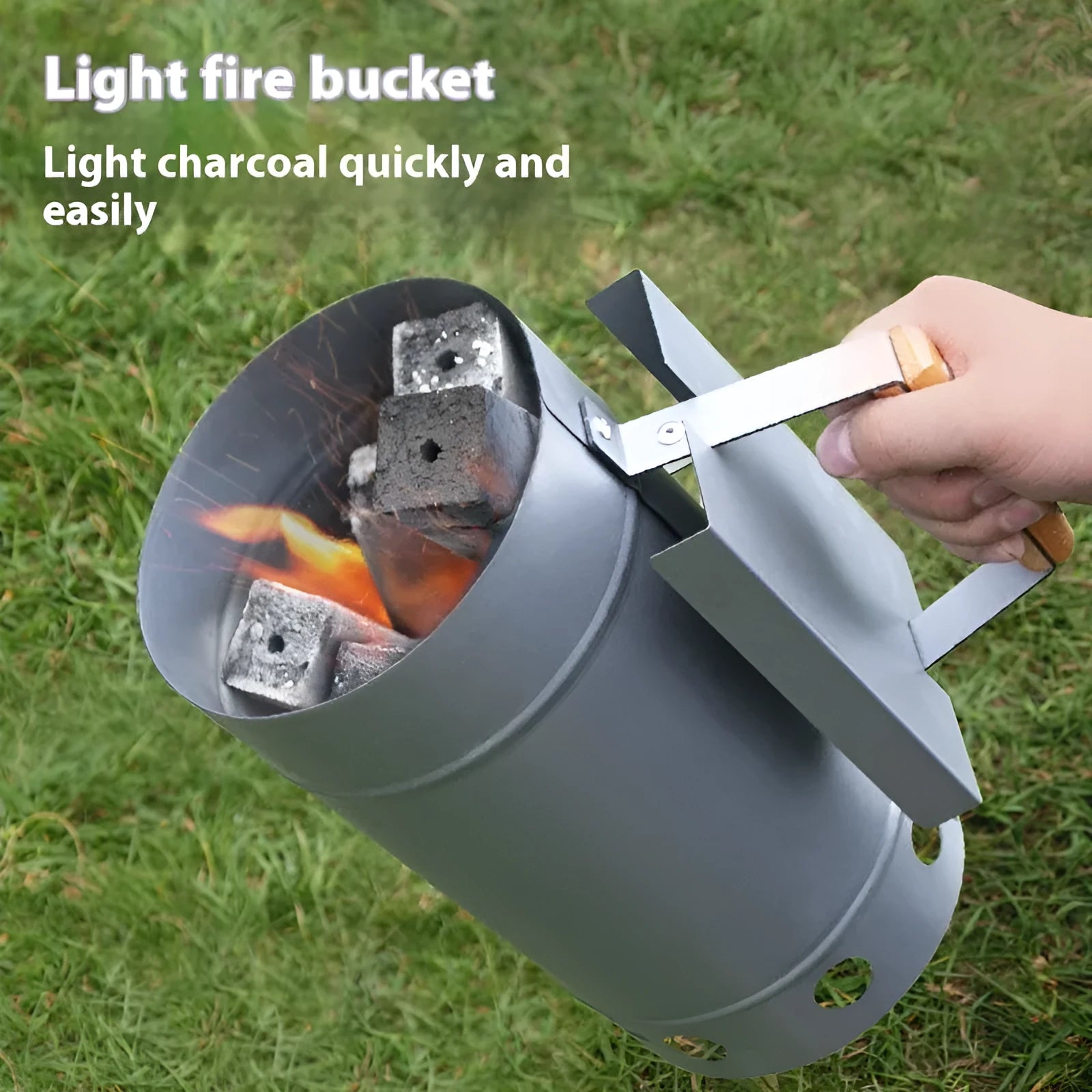 Zinc-iron alloy point carbon barrel style outdoor charcoal fire starter igniter.