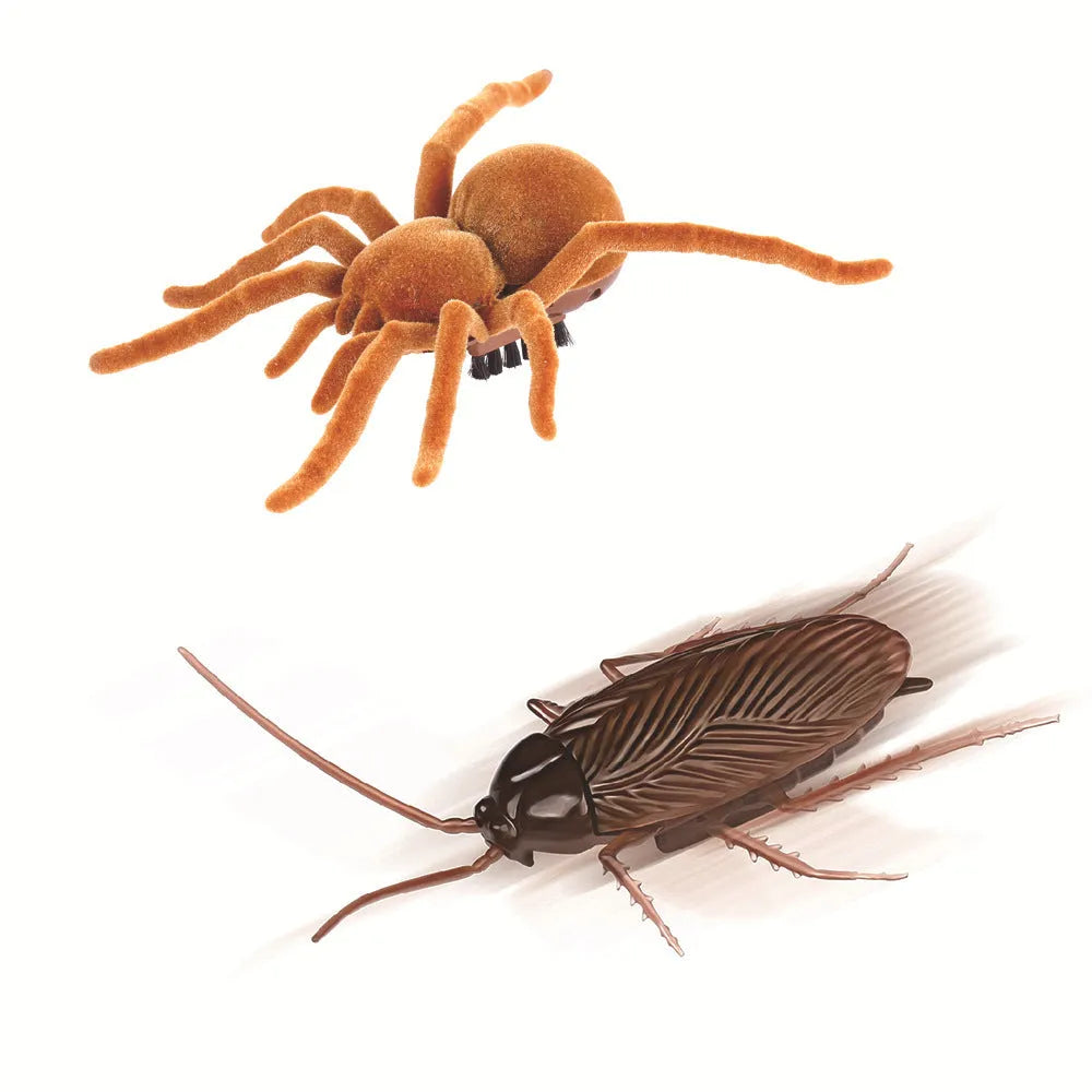 Colourful vibrating cockroach, tarantula, mouse, and dragonfly pet toys for cats and dogs.