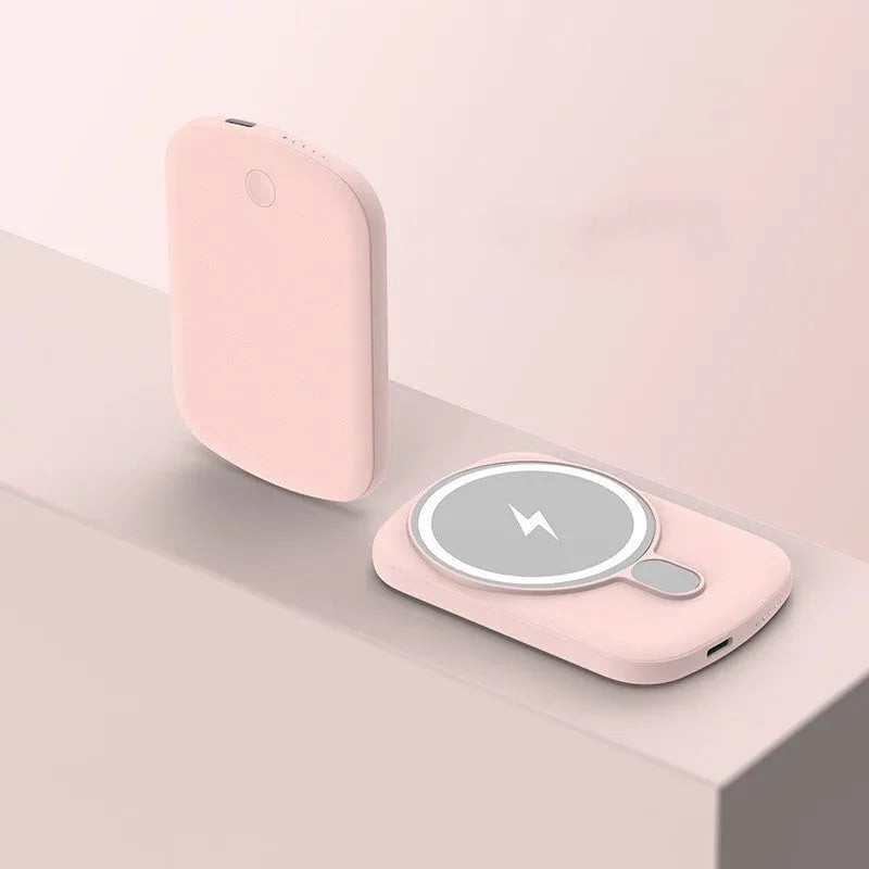Magsafe magnetic wireless power bank in black, pink, white, or purple colour options showing front view.