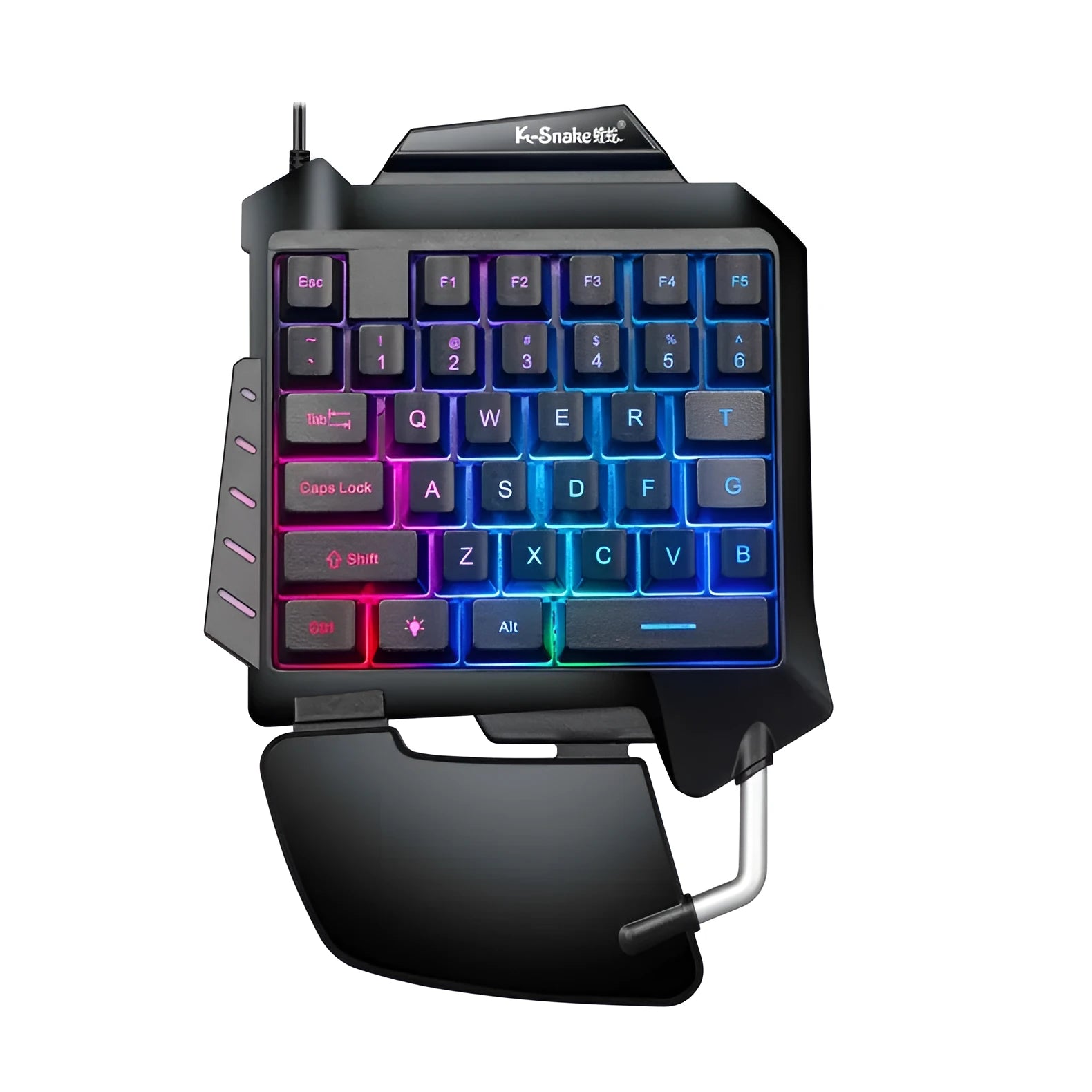Black left-handed gaming keyboard with detachable palm rest and shortcut keys for desktop gaming
