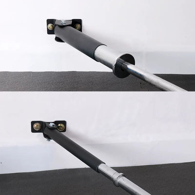 Steel wall-mounted barbell rod rack holding multiple tubes, with expansion screws for installation.