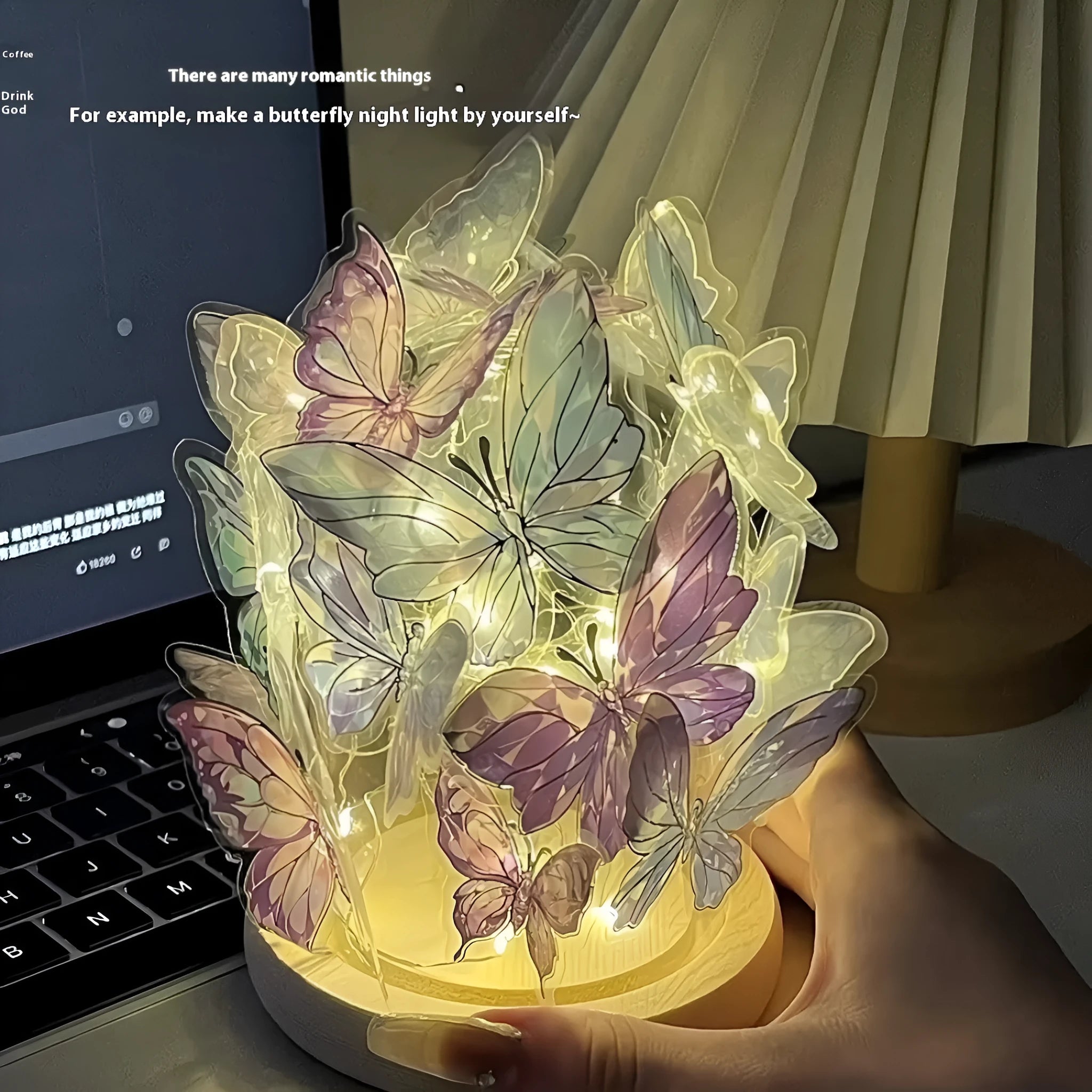 Butterfly night lamp with glass shade on raw wood base, measuring 12x15cm