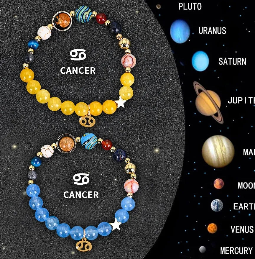 Twelve zodiac sign natural stone beaded bracelet set showing adjustable design and astrological symbols