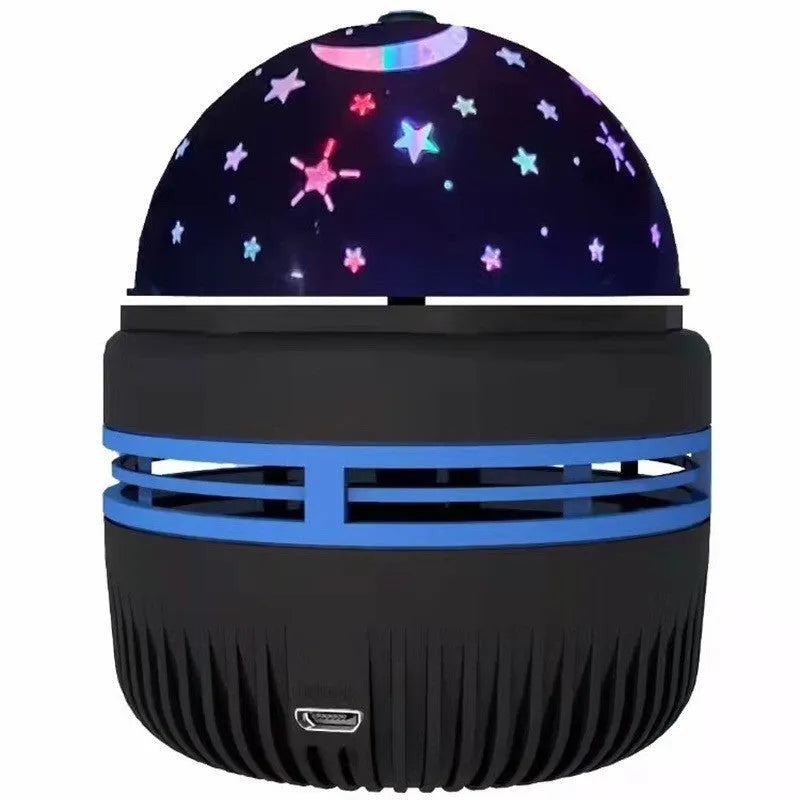 LED galaxy projector night light with rotating colourful stars, showing USB cable and removable acrylic shade.