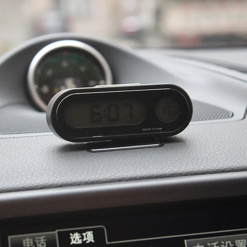 Black car dashboard clock thermometer with LED digital display and adjustable bracket