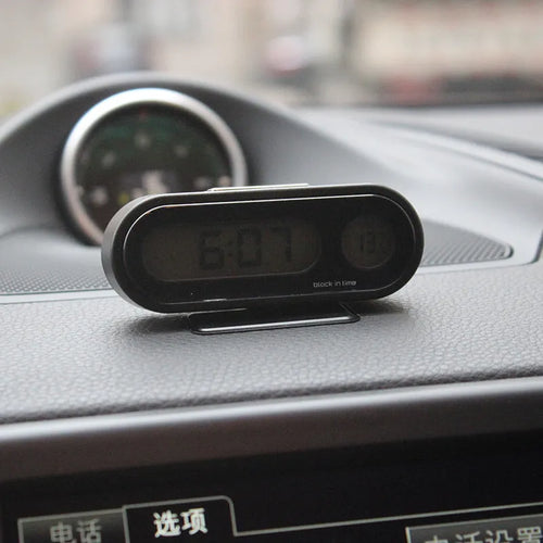 Black car dashboard clock thermometer with LED digital display and adjustable bracket