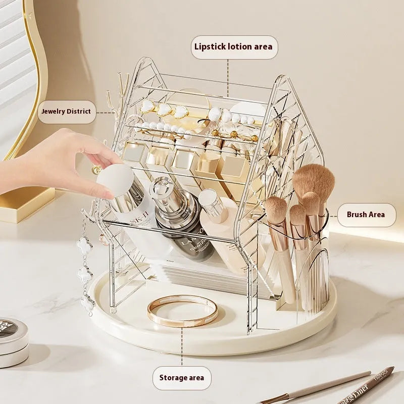 Rotating clear plastic cosmetics storage box on a counter, showing 360-degree spin function.