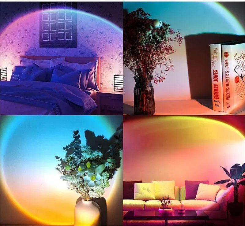 Sunset projection lamp rainbow night light with remote control, USB powered, alloy and plastic construction, 6 colour 17cm stand