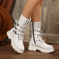 Black women's mid-calf knight boots with a metal buckle and side zip on a white background.