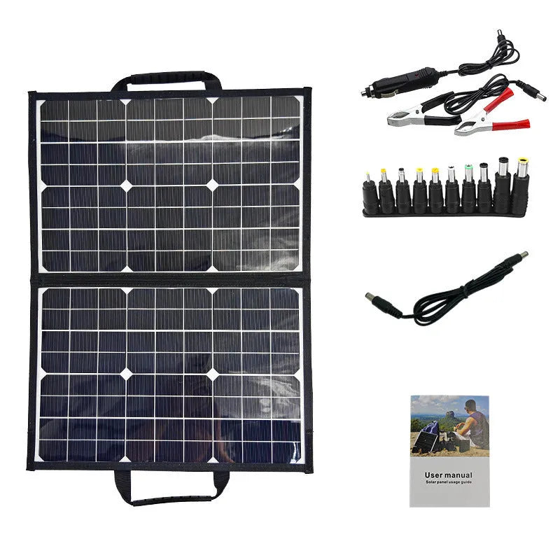 Black 40W foldable solar panel charger shown in its carry bag, with dimensions 425x285mm.