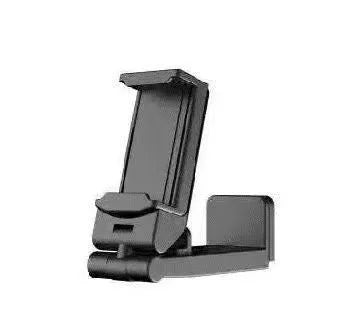 Foldable rotating universal phone holder in black, shown in an open position holding a mobile phone.