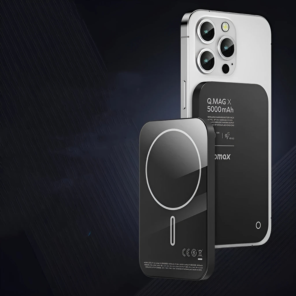 Alloy magnetic wireless power bank in black and titanium gold colours with three capacity options