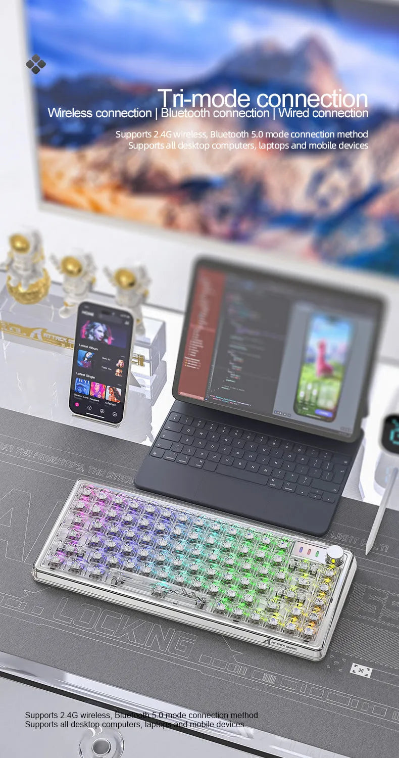 Attack Shark K75RGB wireless mechanical keyboard with transparent case showing internal components