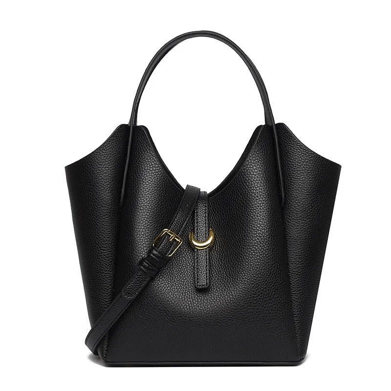 Genuine leather women's bucket handbag in retro style with large capacity and organisational features