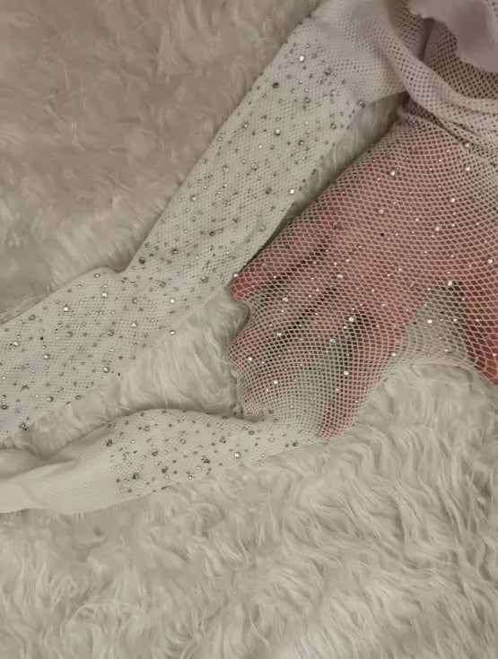 Thin nylon mesh women's fishnet stockings with diamond pattern in skin tone, black, or white.