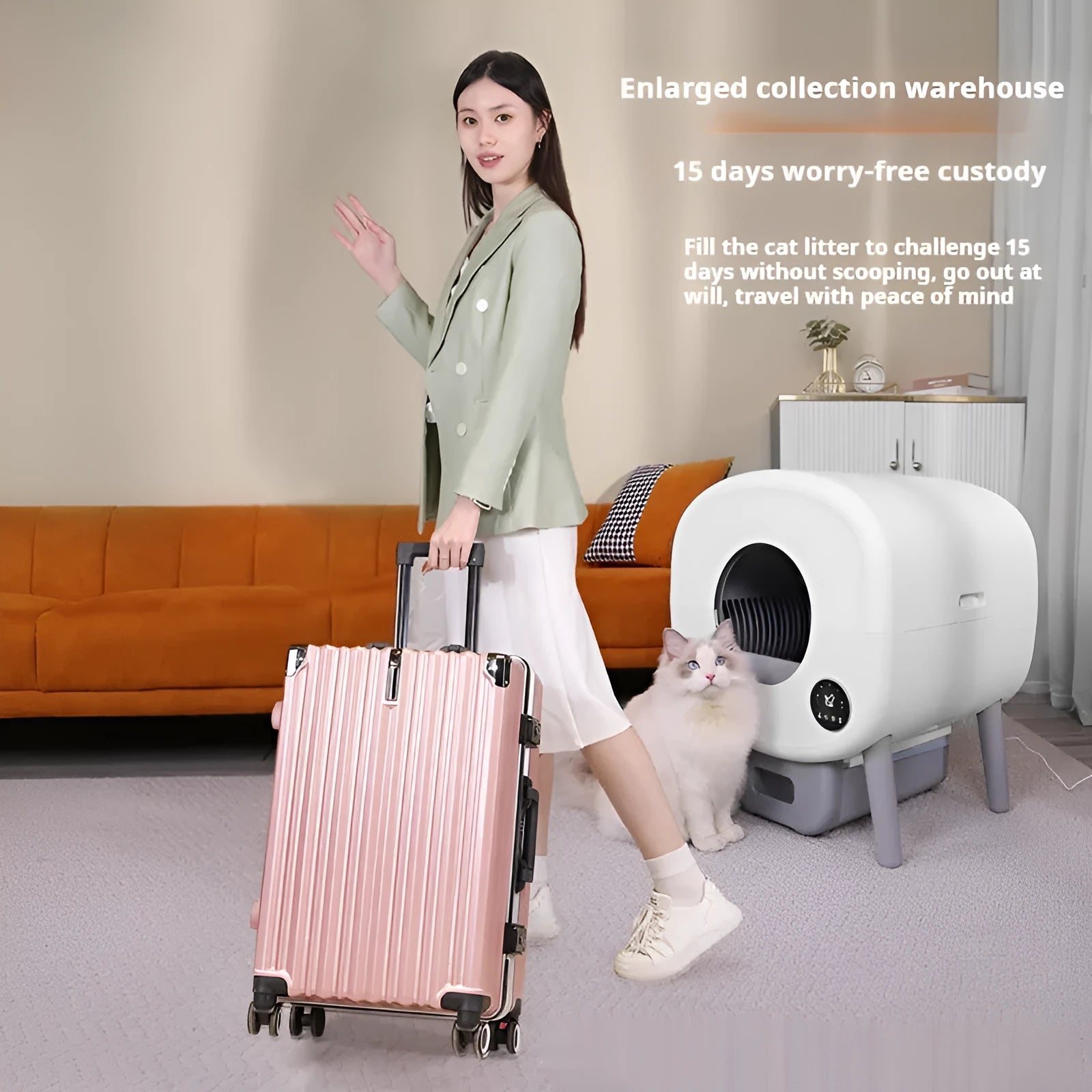 Automatic cat litter box with white ABS plastic construction and 13-litre storage capacity