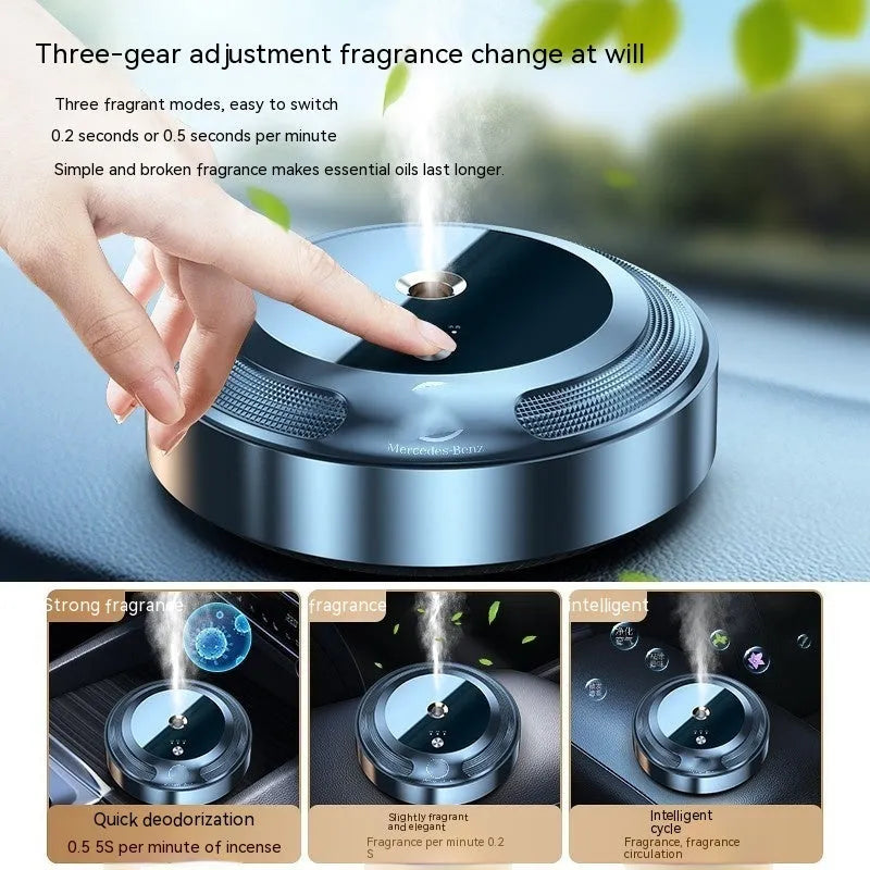 Car air freshener diffuser with zinc alloy shell, automatic spray function and three fragrance oil bottles
