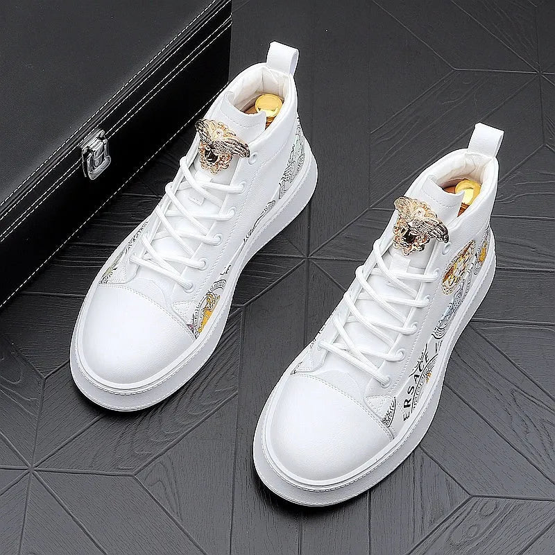Men's black high-top board shoes with white sole, lace-up closure, and round toe