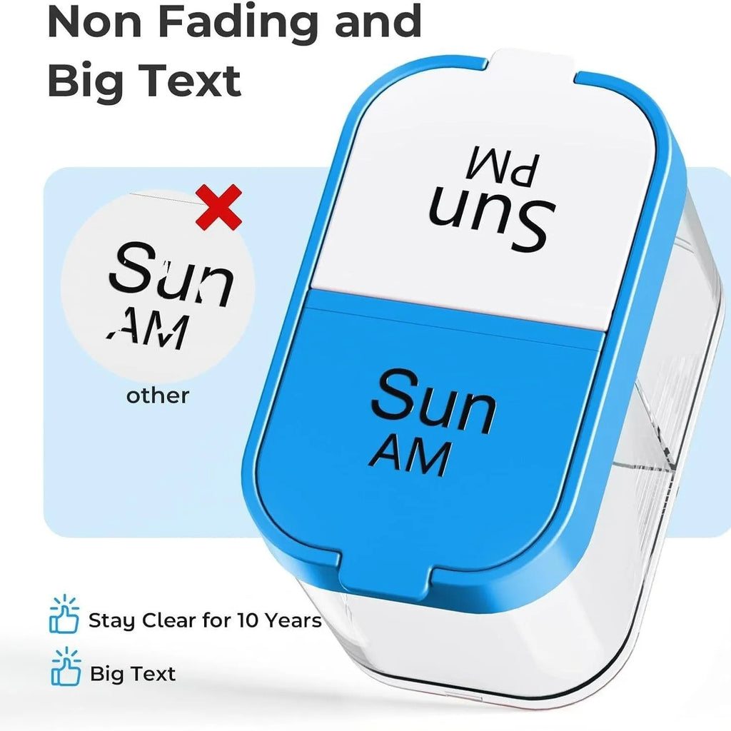 Large white and rainbow coloured plastic pill organiser box with 14 removable compartments and a dustproof lid.
