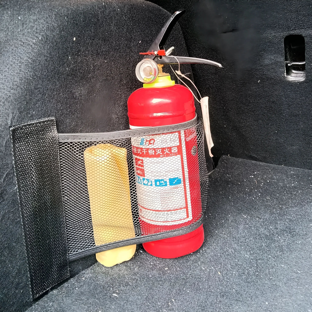 Black elastic polyester storage net for securing items in a car boot, shown in 20x35cm and 20x45cm sizes.