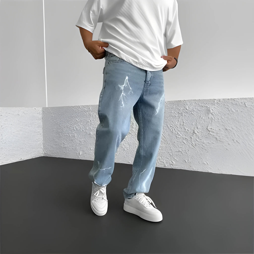 Men's blue straight-leg denim jeans with wide leg cut and mid waist design