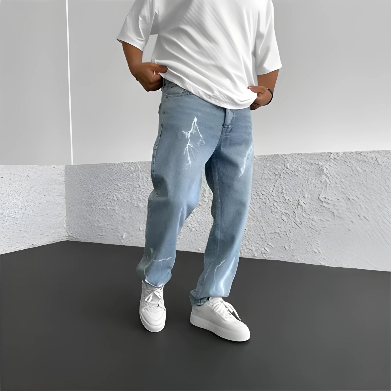 Men's blue straight-leg denim jeans with wide leg cut and mid waist design