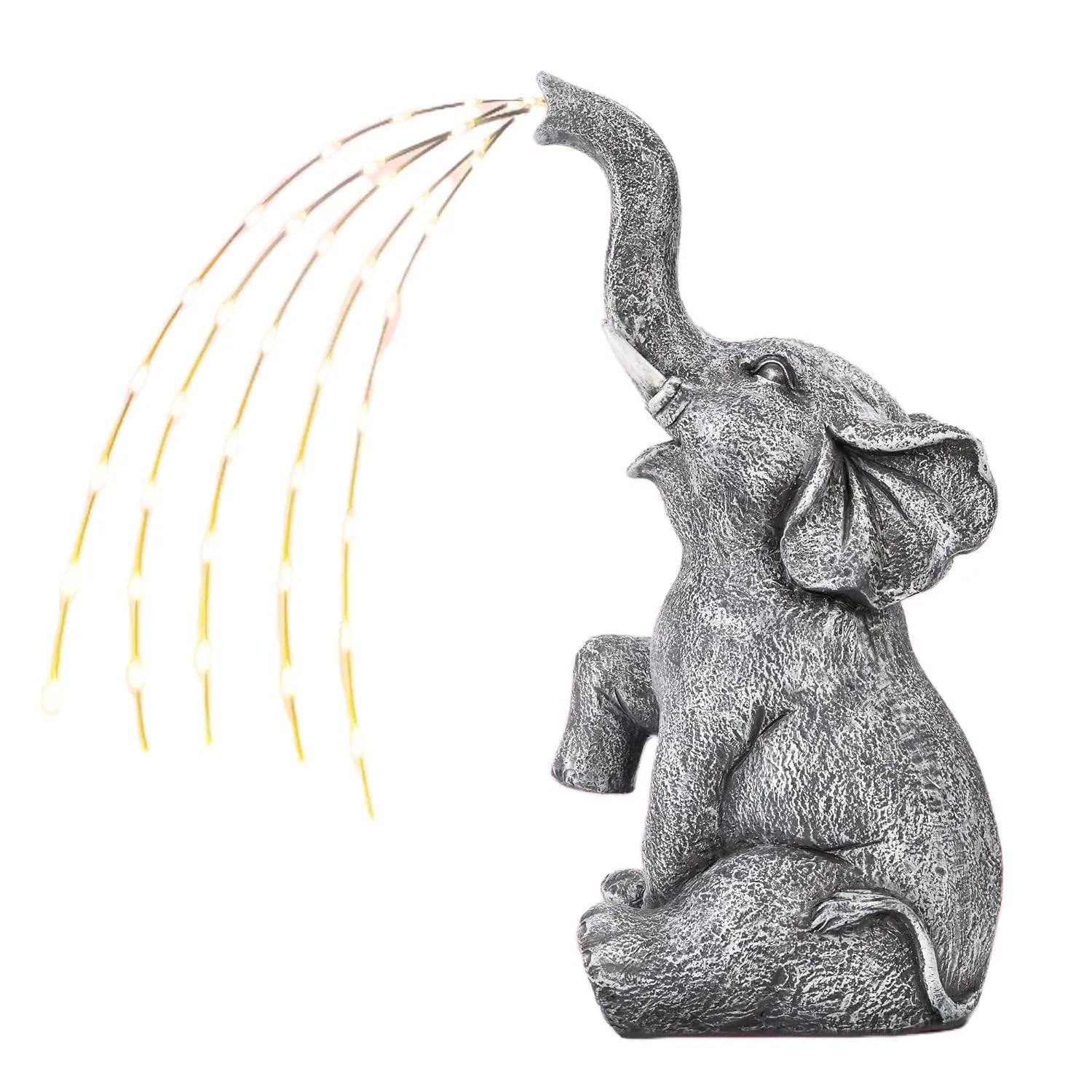 A realistic resin elephant garden statue with a waterproof rating and an LED light strip for outdoor decoration.
