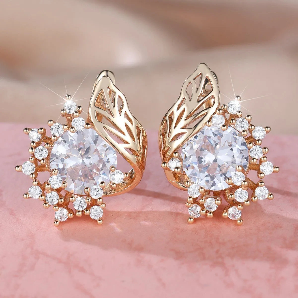 Round flower feather earrings with zircon stones in champagne gold finish, six colour options