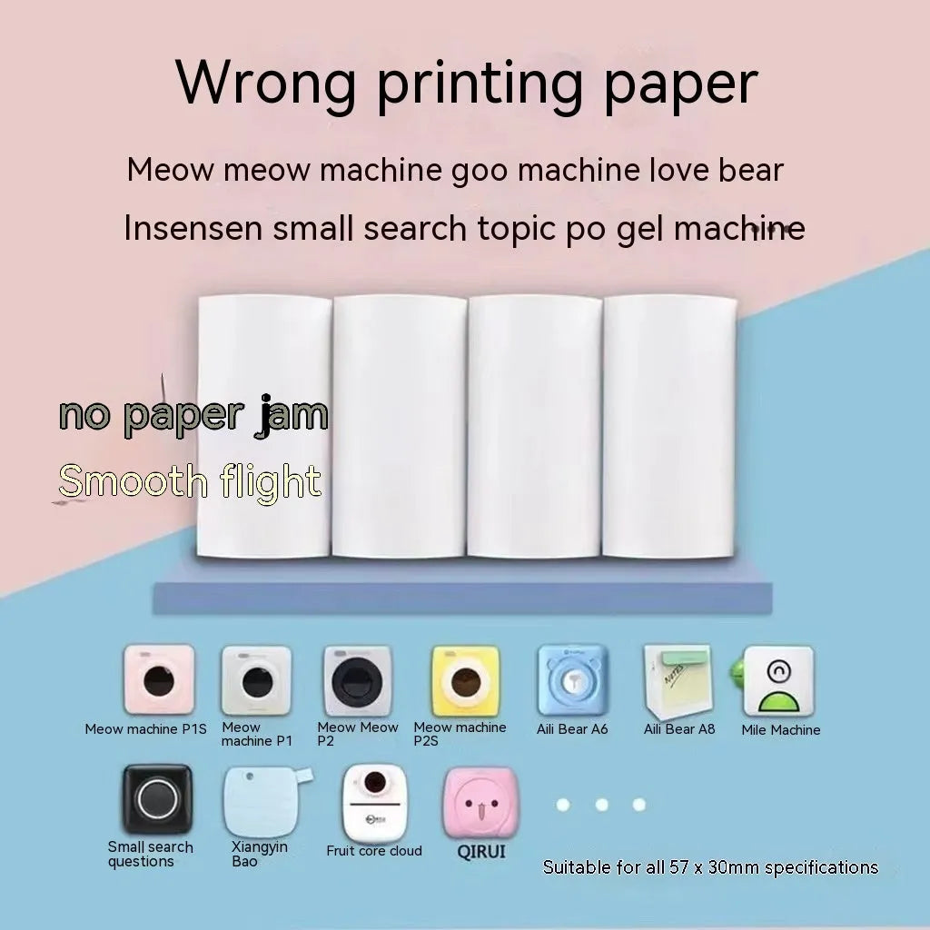 Three rolls of 57mm thermal paper in pink, yellow and blue colours