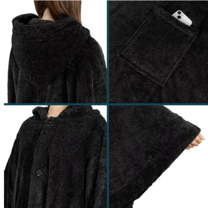 A thick black hooded bathrobe with long sleeves and a cardigan opening, laid flat.