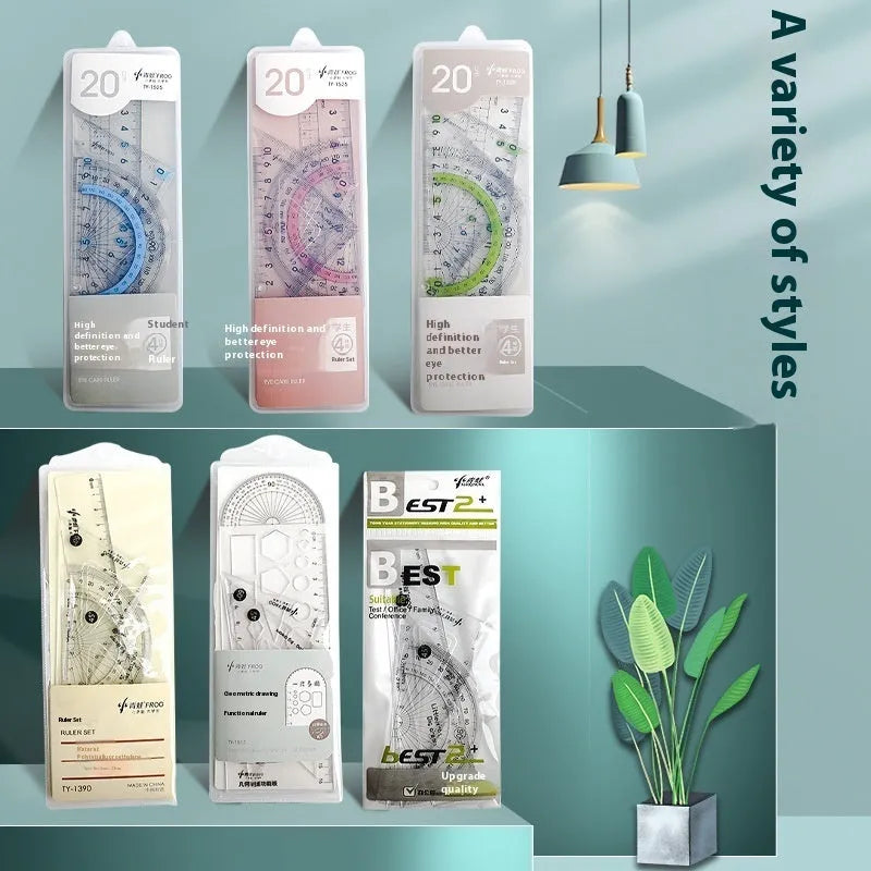 Youpai transparent acrylic ruler set with square and protractor on lined paper.
