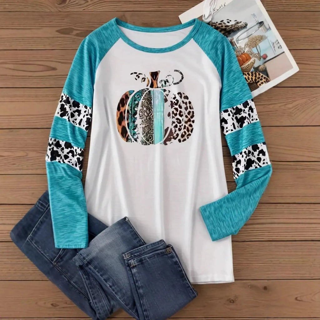 White Halloween T-shirt with 3D printed pumpkin graphic in sky blue, long sleeves