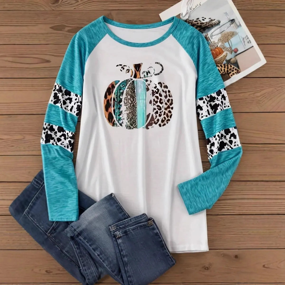 White Halloween T-shirt with 3D printed pumpkin graphic in sky blue, long sleeves