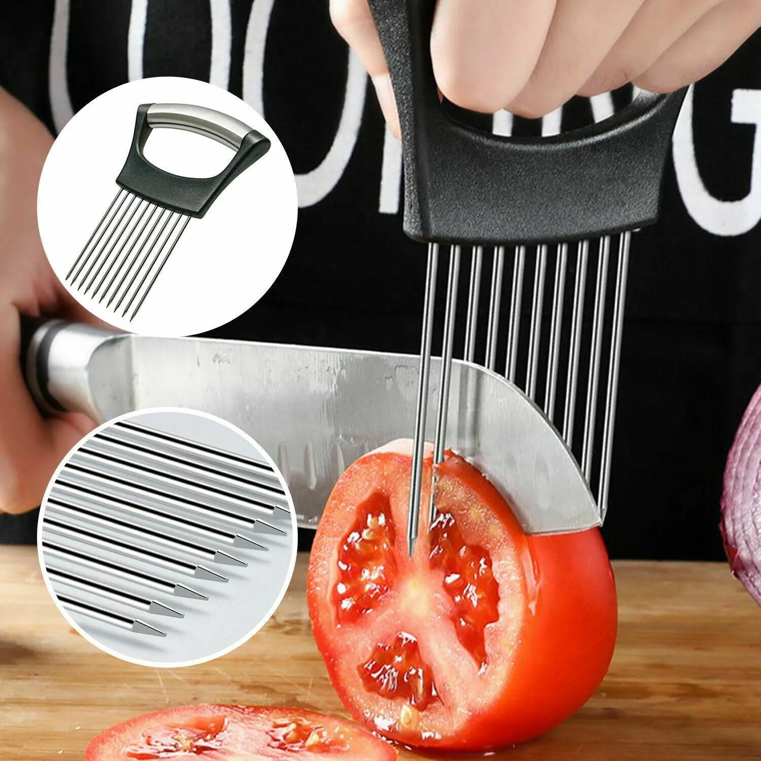 Stainless steel and ABS kitchen food slicer and onion holder on a work surface