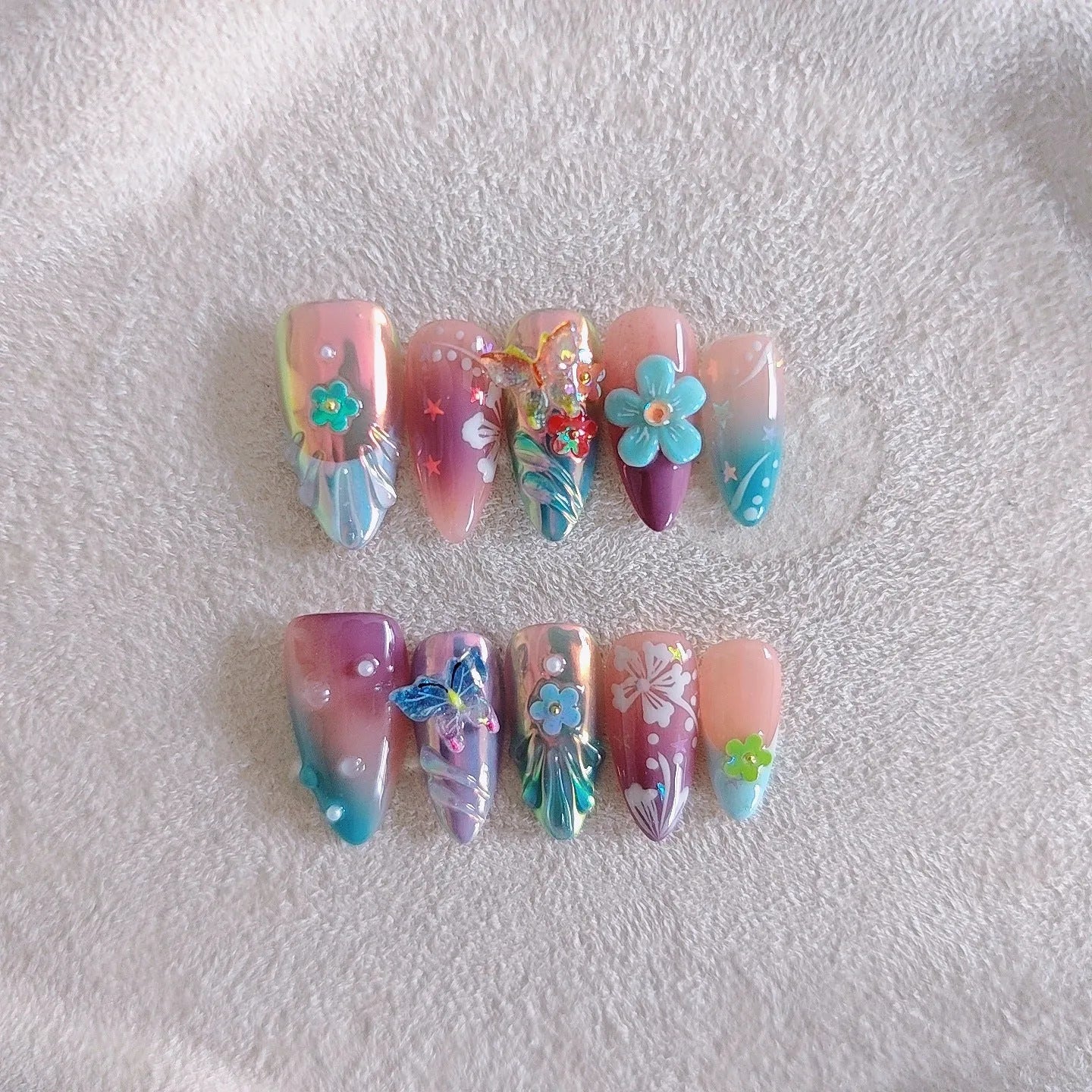 Handmade flower and butterfly nail art sculptures with embossed patterns for manicure decoration