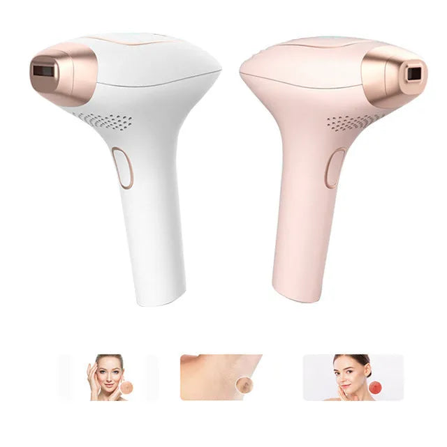 Pink and white three-in-one laser hair removal device with shaver attachment and protective glasses