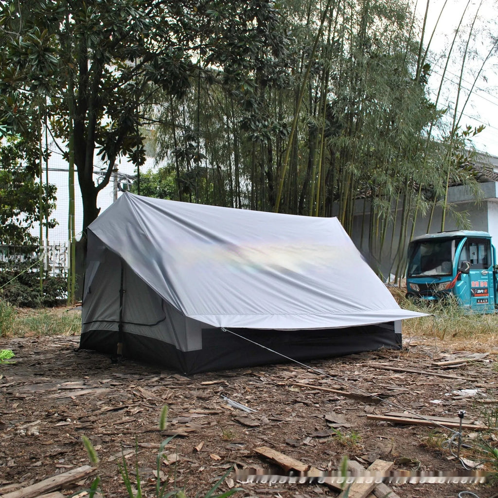 Brown or white A-line pole-free cabin tent for 2-3 people with hiking cane support