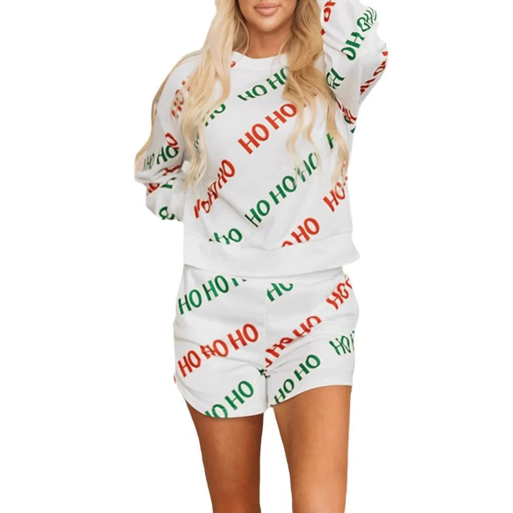 Women's white two-piece suit with letters printed design, long-sleeved top and matching trousers