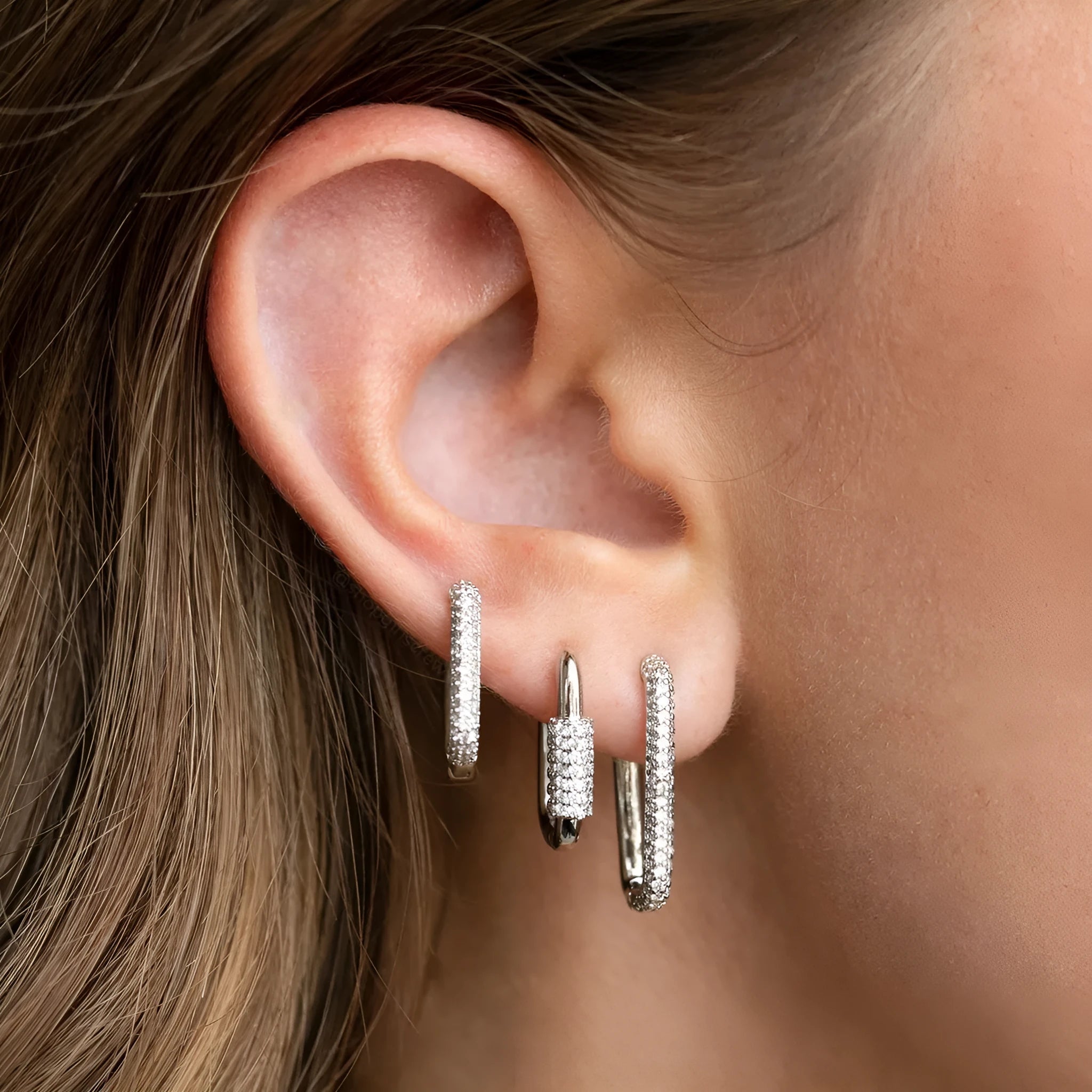 Copper geometric earring set with three square ear clips featuring inlaid zircon stones