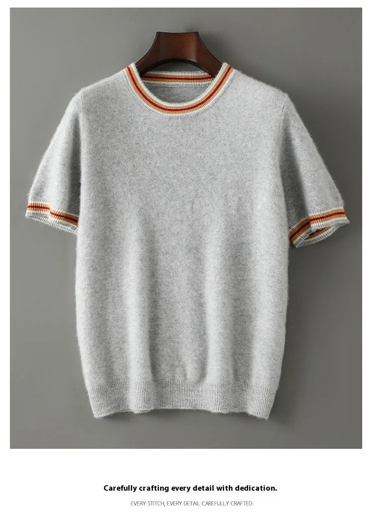 Men's grey short sleeve wool sweater with a round neck on a hanger.