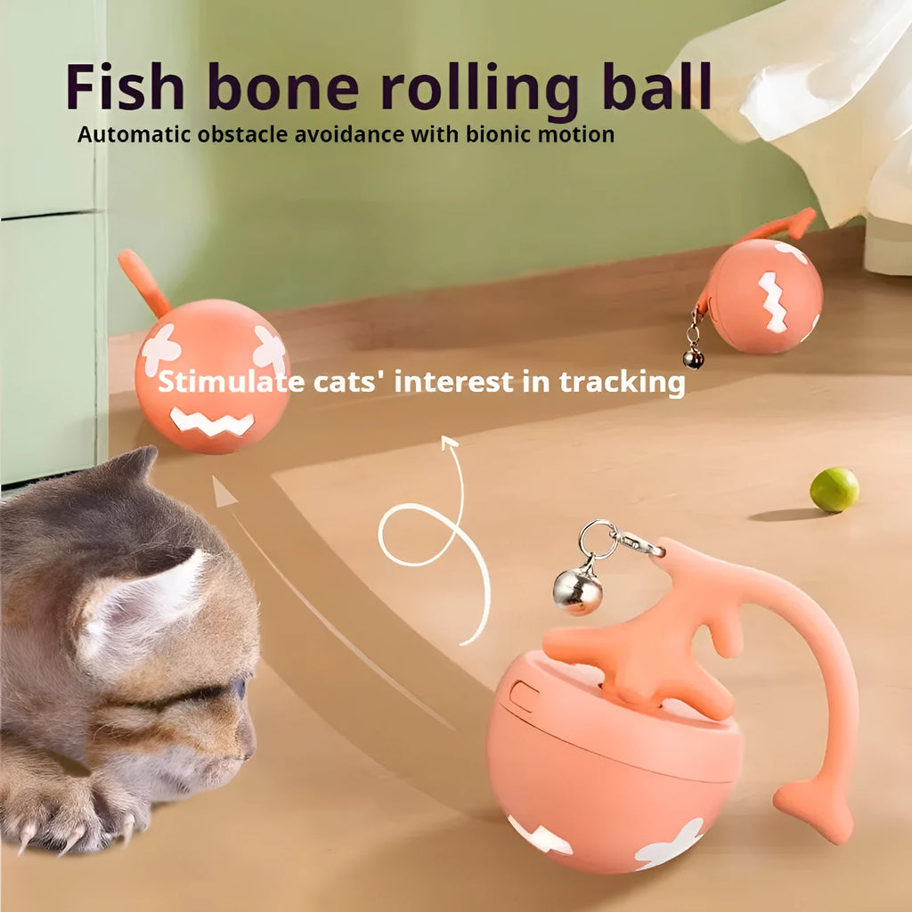 USB electric cat teasing ball with fish bone rolling design and teasing stick attachment