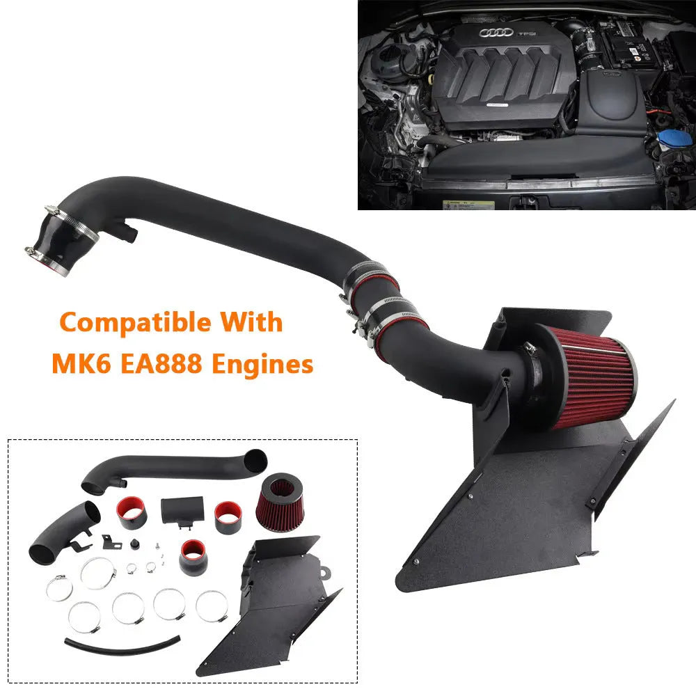Car modification intake assembly with black duct and red air filter for Volkswagen EA888 GEN2 and EA113 engines