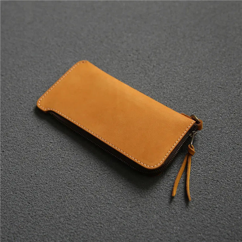 Men's genuine leather zip wallet 18cm top layer cowhide dark brown Crazy Horse leather sewing line detail