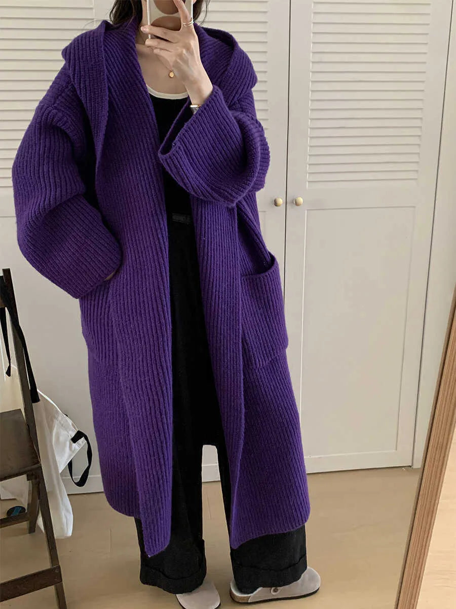 Women's loose hooded cardigan coat with raglan sleeves in acrylic fabric