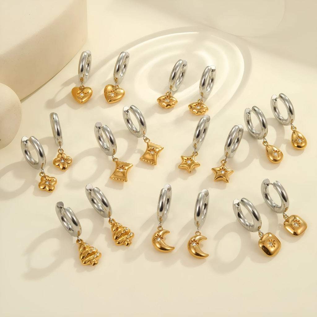 Women's stainless steel earrings with electroplated 18K finish in Christmas tree and heart shapes